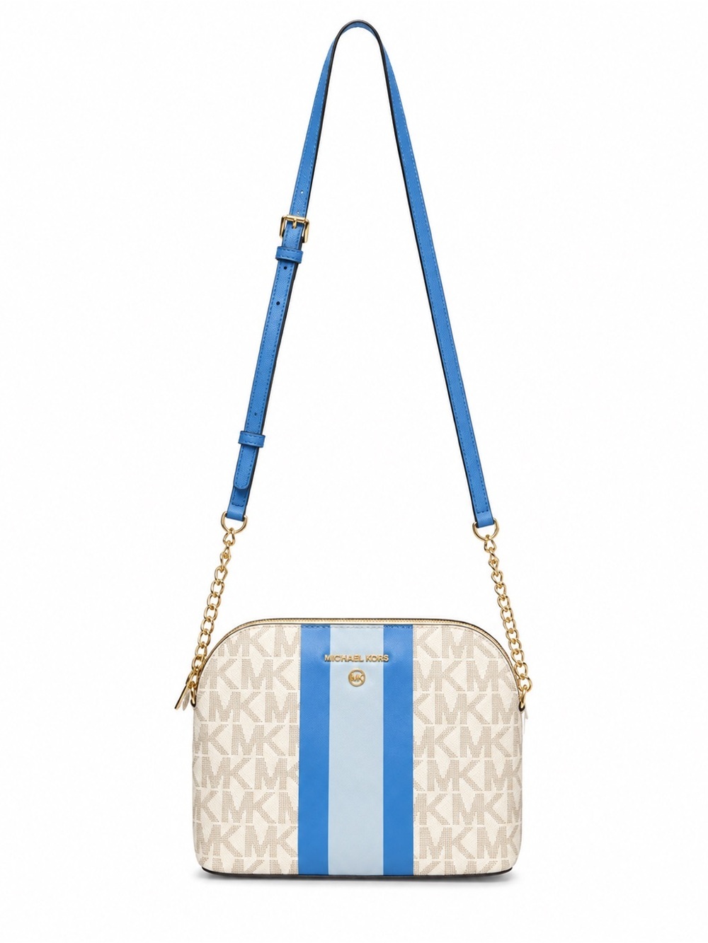 Michael Kors Blue Stripe MK Logo Crossbody Bag Gold Chain Strap